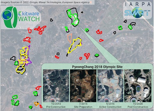 Satellite map with indications for construction growth of the 2018 olympics