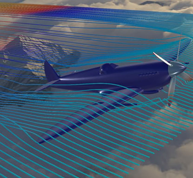 Model of a spitfire airplane showing visualizations of airflow around it.