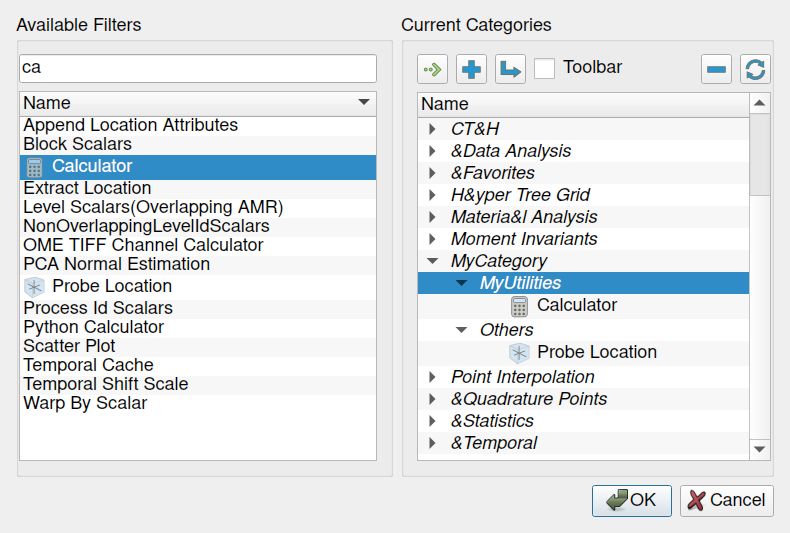 The categories configuration dialog