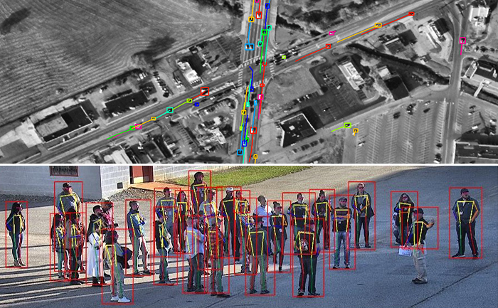 Two images with top showing object detection in satellite view of cars and bottom being object detection of humans