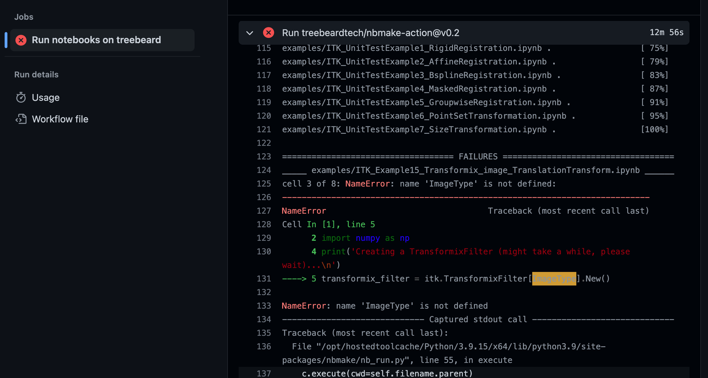 Jupyter notebook nbmake backtrace